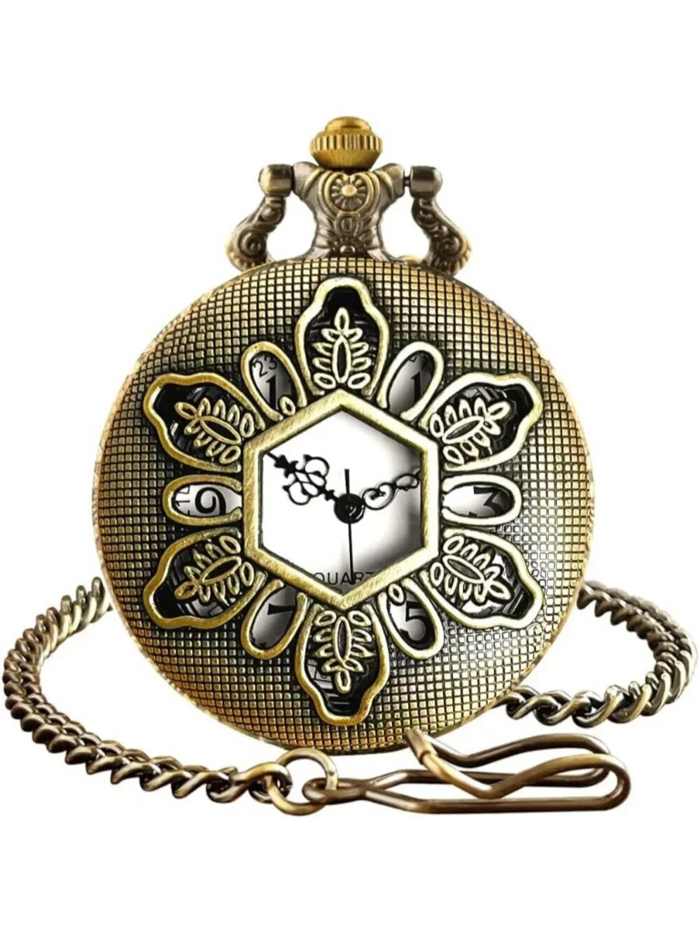 Men's White Vintage Chain Quartz Bronze Hexagon Necklace Halloween Pocket Watch